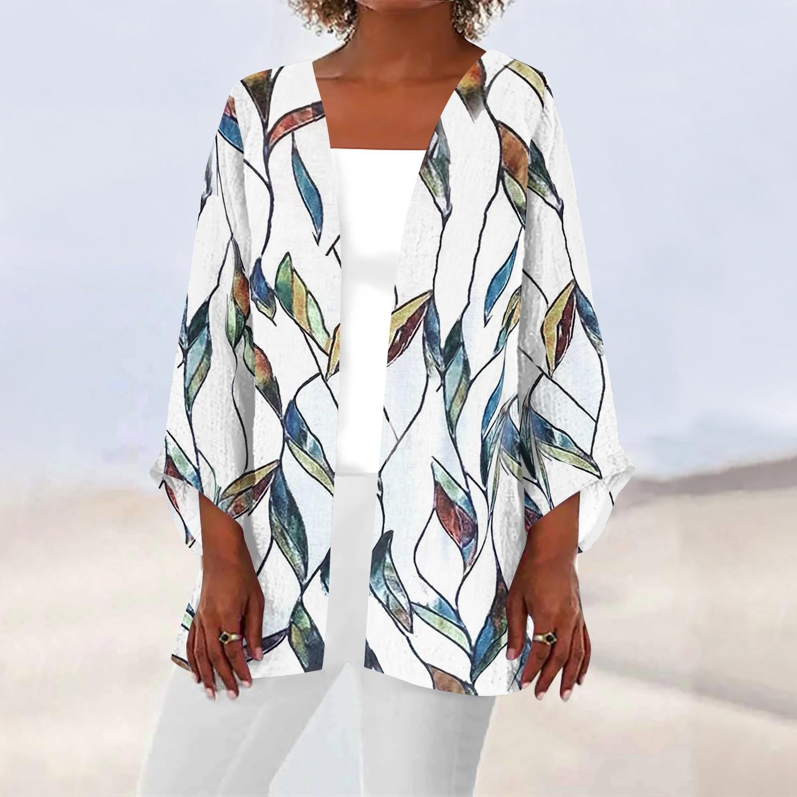 

Жіночий повсякденний легкий кардиган середньої довжини з принтом у квіткову смужку XL білий