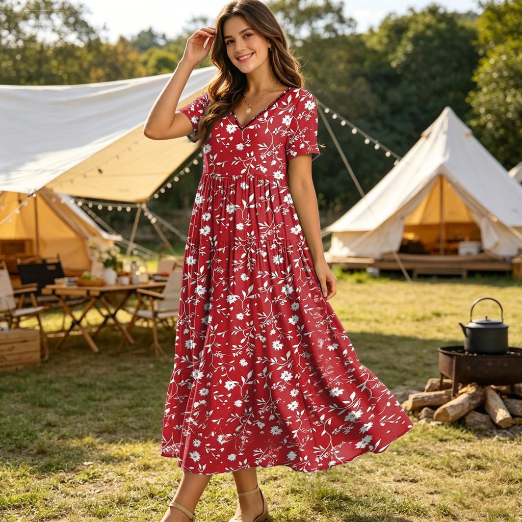Damen Boho Batik-Print Kurzarm V-Ausschnitt Locker geschnittenes Kleid für den Sommer Freizeitkleidung