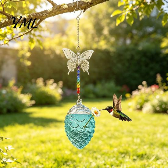 Glass Nectar Feeder for Garden Pine Cone Shape Hummingbird with Butterfly/Dragonfly Decor, Outdoor Hanging Small Mouth Bird Water Beads Chain