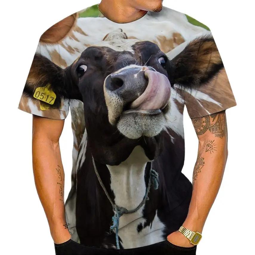 Summer Round Neck 3D Cow Pattern Print Top Fashionable Casual Short Sleeved Men's T-shirts