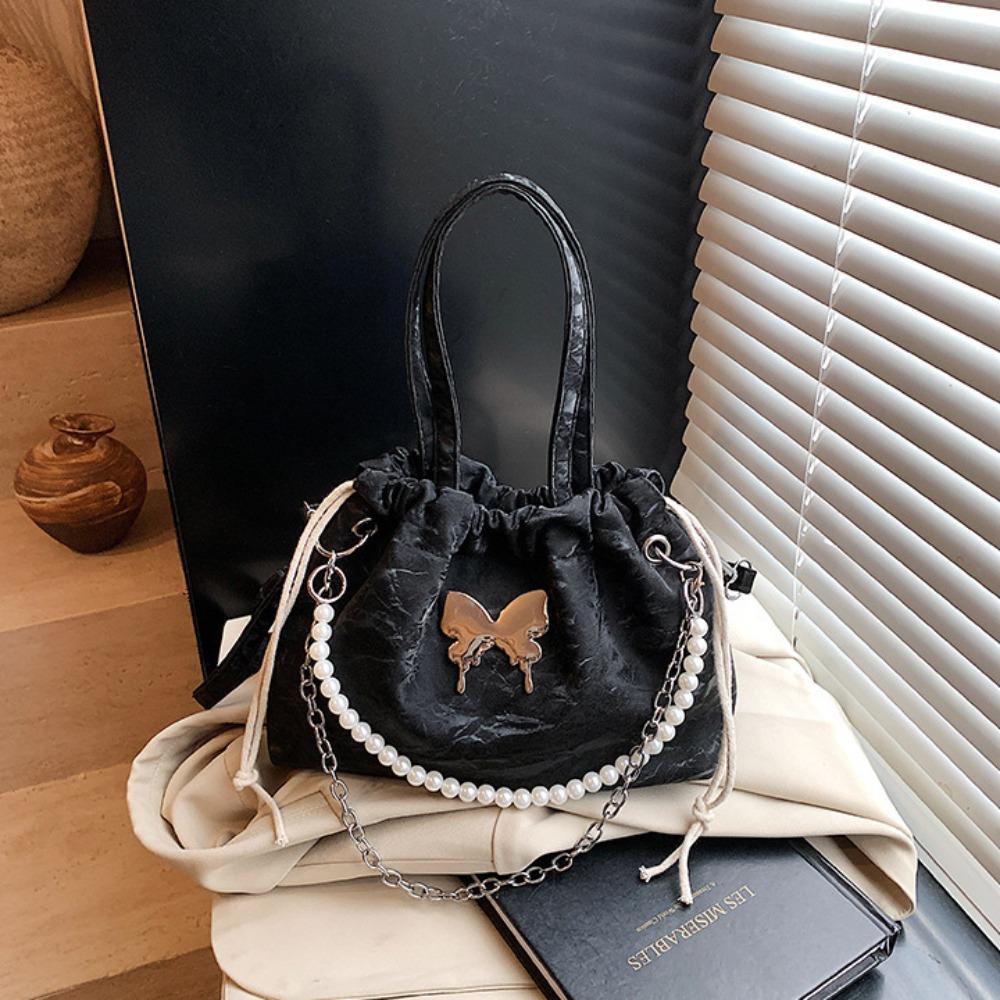Magnetic Buckle Silver Butterfly  Backpack Metal Chain Pearl Chain Handbag  Daily