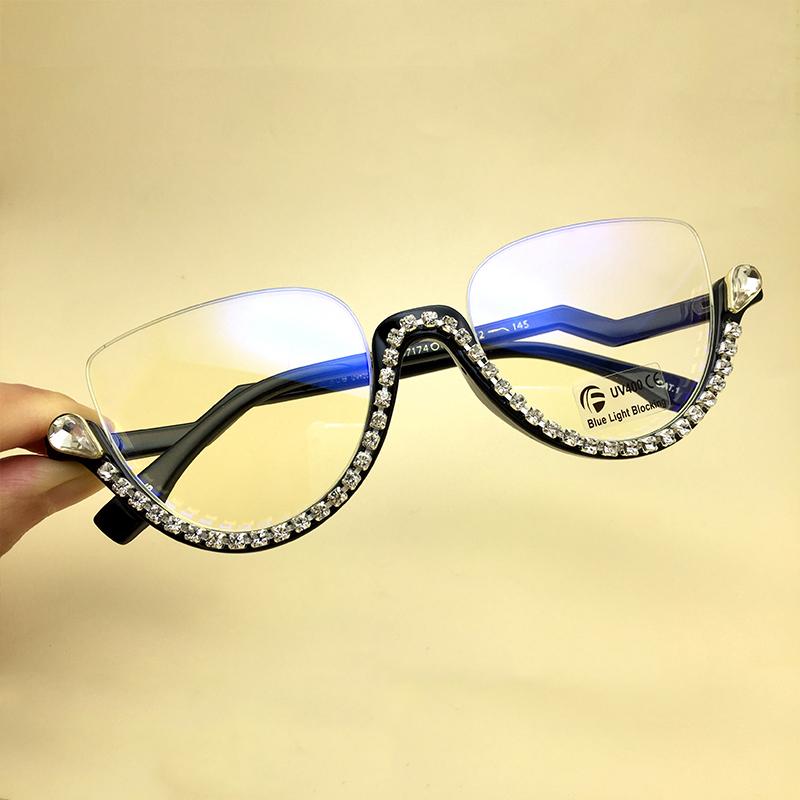 Luxury Rhinestone Cat Eye Reading Glasses Ladies Fashion Computer Filter Blue Light Blocking Glasses Half Frame Eyeglasses