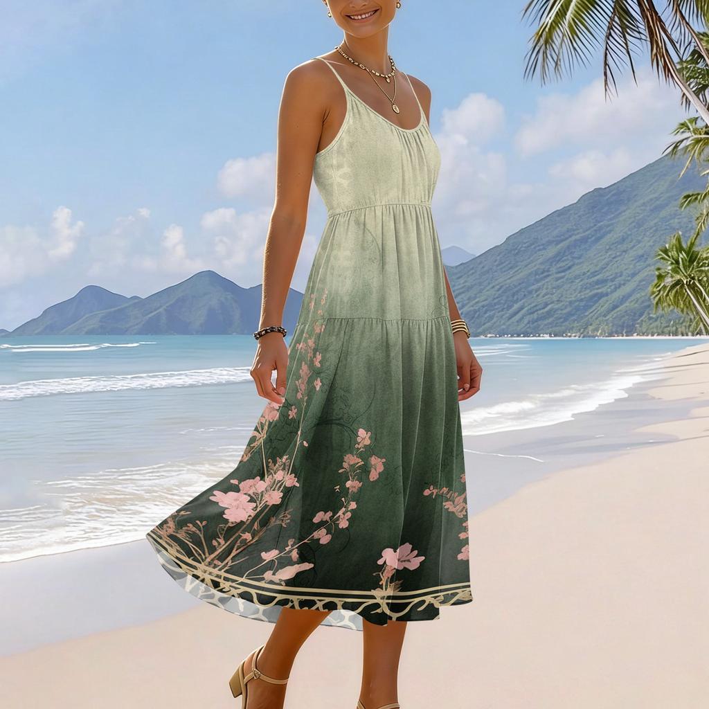 Sleeveless Spaghetti Strap Maxi Dress with Gradient Print Lightweight Flowy Fabric Casual Loose Fit Summer Sundress