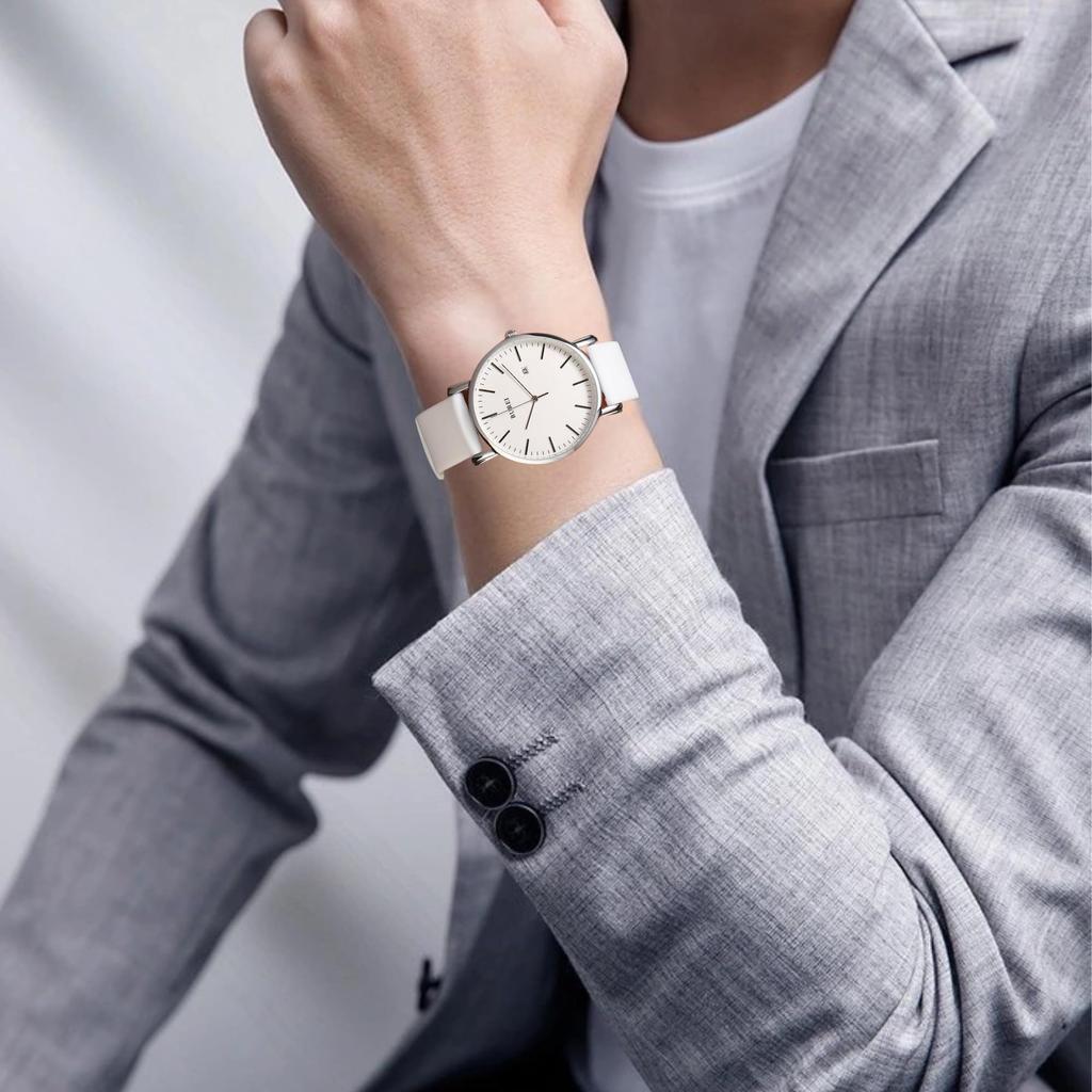 BUREI Men's Watch Simple Stylish Waterproof Analog Watch Popular Brand Men's Watch (White-1)