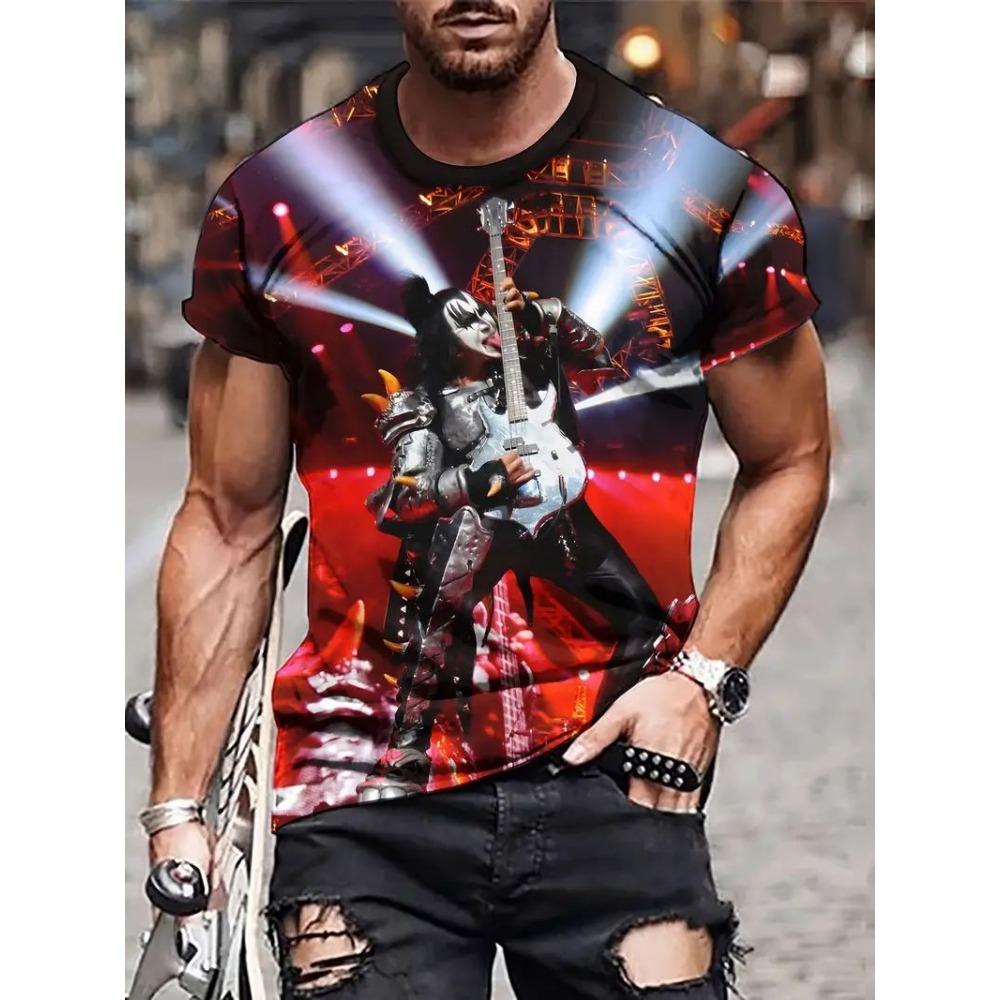 Men's 3D Pattern Activity T-shirt, Casual Micro Elastic Short Sleeved Round Neck T-shirt, Men's Clothing
