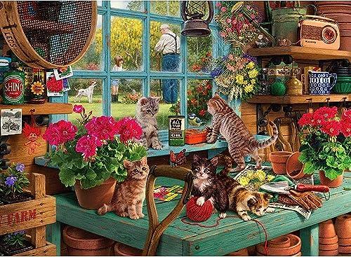 CHengQiSM 1000-Piece Jigsaw Puzzle: Cats Playing by the Window, Stylish Interior Design (70x50cm)