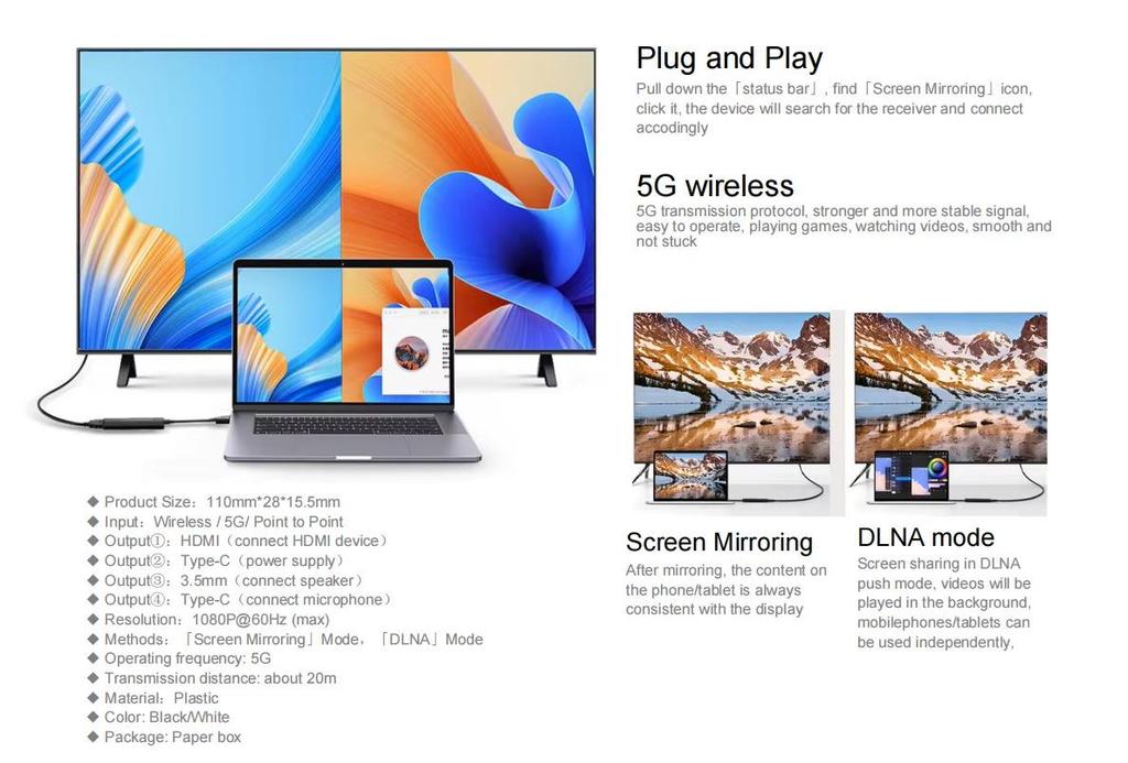 5G Wireless Screen Mirroring Device for Phone, Computer, TV, Monitor, & Projector with HDMI & Low Latency