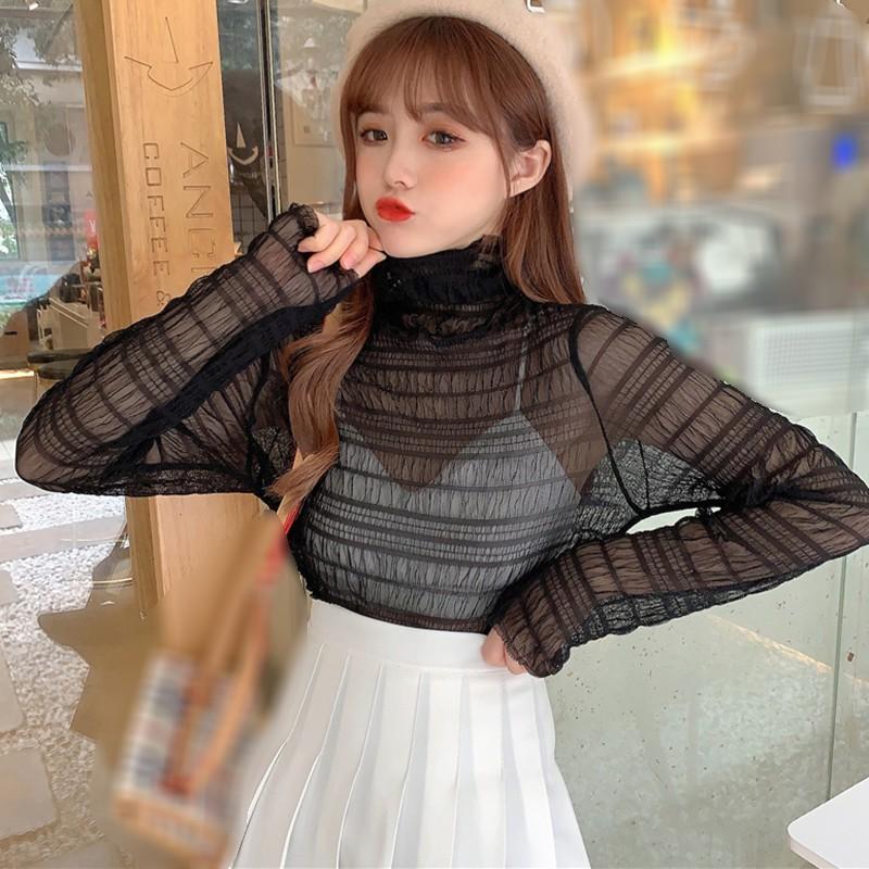 Mesh Top Slim Perspective Long Sleeve Turtleneck Shirt