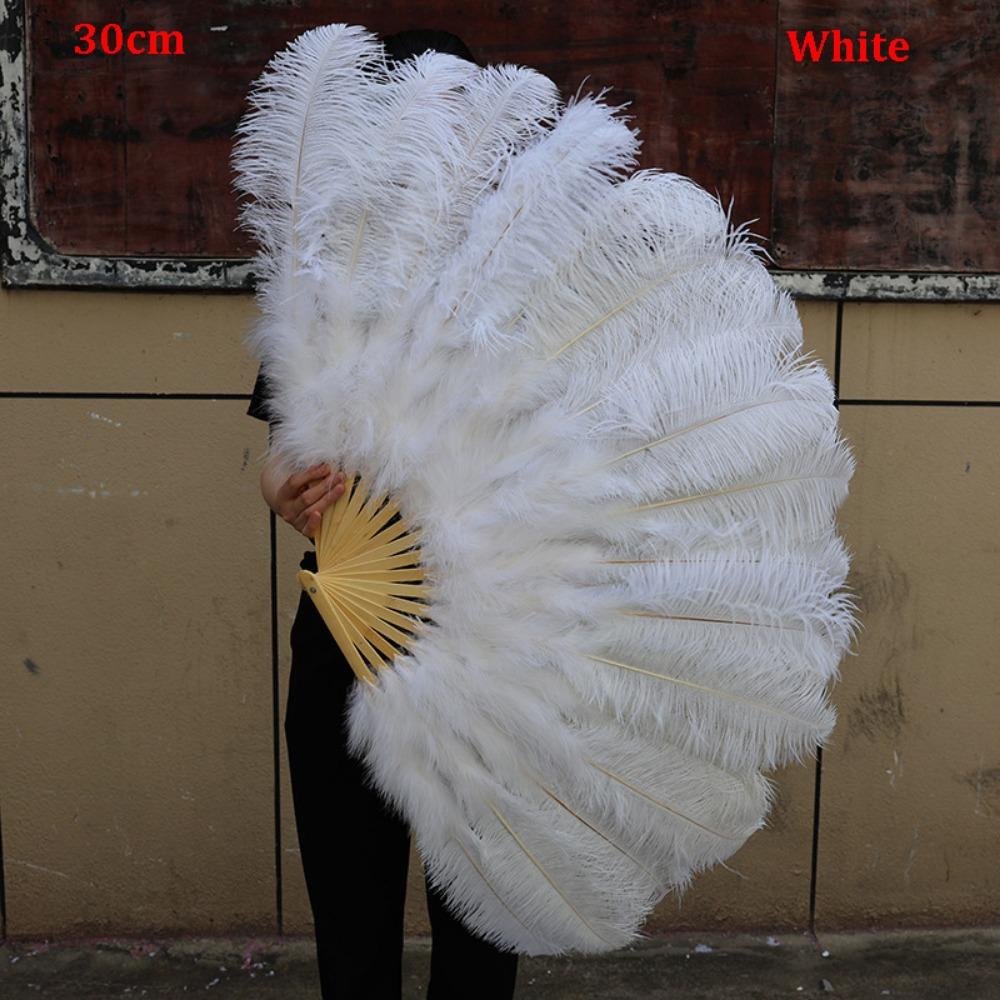 

Big Red Ostrich Handheld Feather Fan 12 Bones Carnival Belly Dance Stage Fan New Folding Fan 30cm White