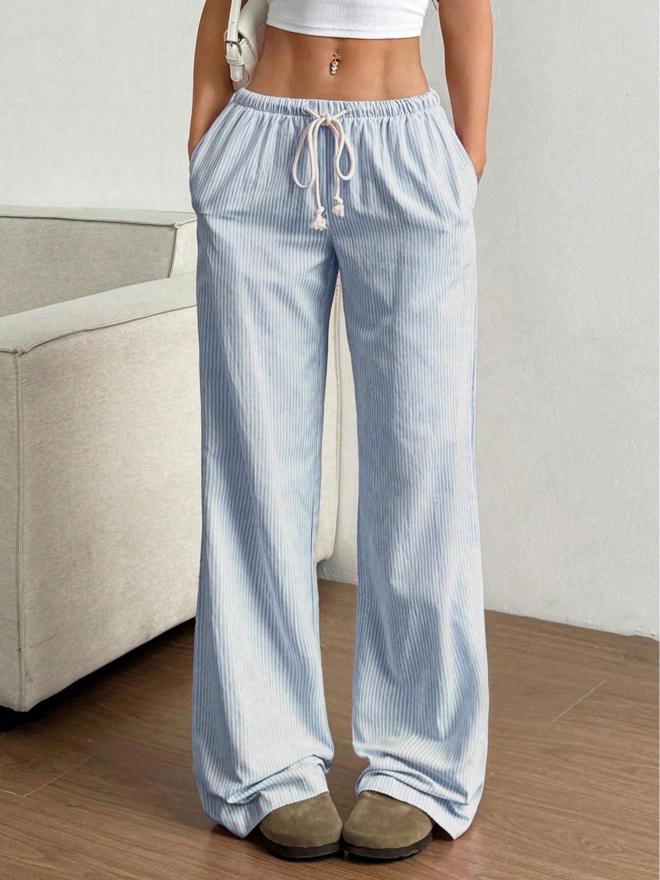 

2025 European and American Autumn Women s Striped Wide-Leg Casual Floor-Length Pants M небесно-голубой