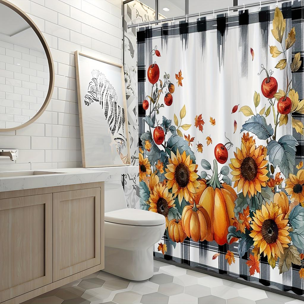 Autumn Harvest Shower Curtain - Pumpkin Sunflower & Plaid Theme for Bathroom Decor, Adds Festive Warmth and Cozy Vibes