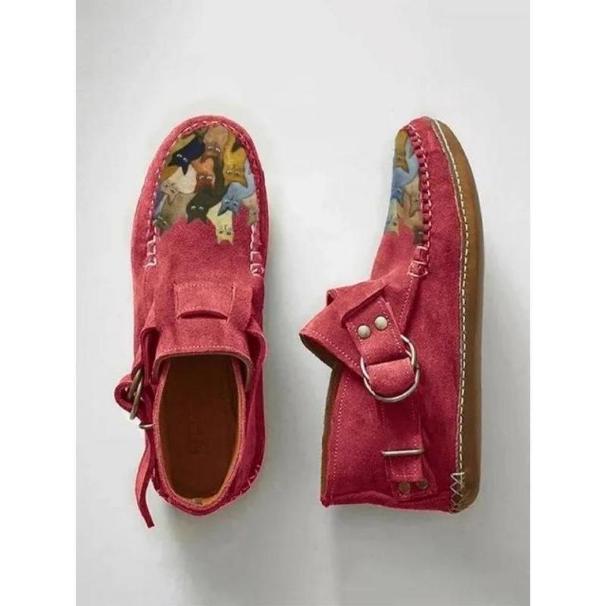 Ботинки Plover женские Comfort Cartoon Cat Printed Leather Button Casual Flat Ankle - 6 Purple 36 красный 1680₽
