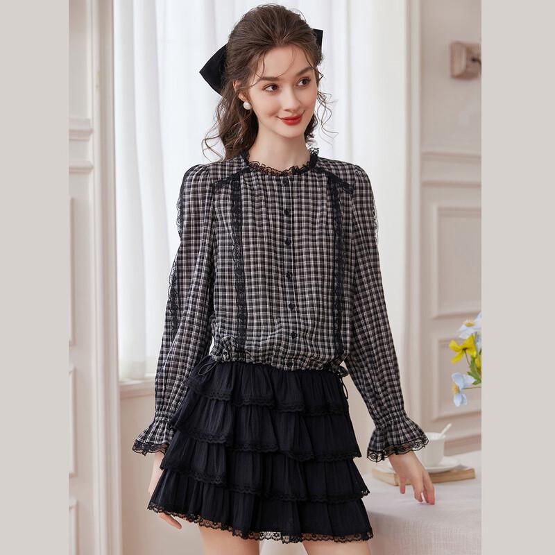 Women s Lace Patchwork Plaid Blouse S