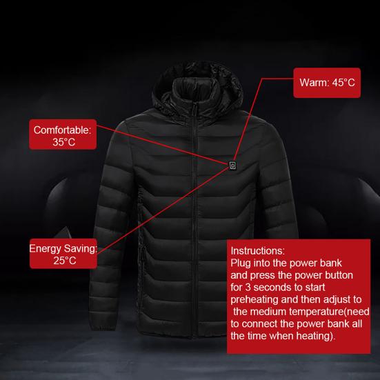 Heating Jacket Stand Collar Pockets 2 Heating Areas 3 Levels Adjustable Hooded Coat for Men