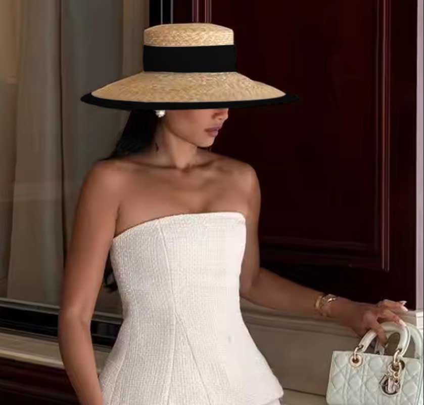 Sombrero de Paja de Verano Estilo Hepburn Ala Ancha Sombrero Elegante Francés para Damas Sombrero de Sol para Viajes a la Costa Sombrero