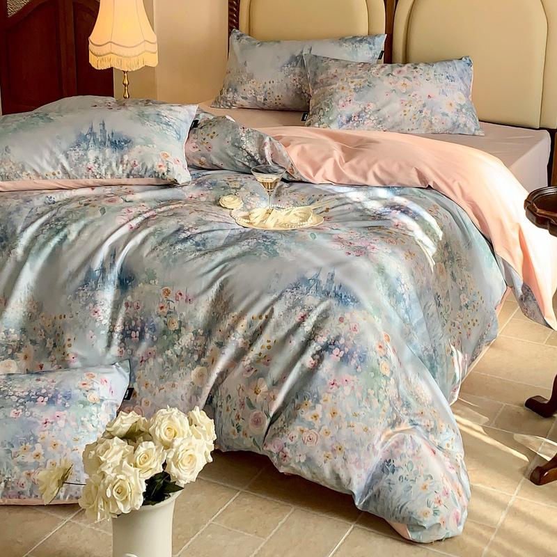 French Pastoral Oil Painting Style 100S Pure Cotton Satin Long-Staple Cotton Four-Piece Digital Printing Bedding
