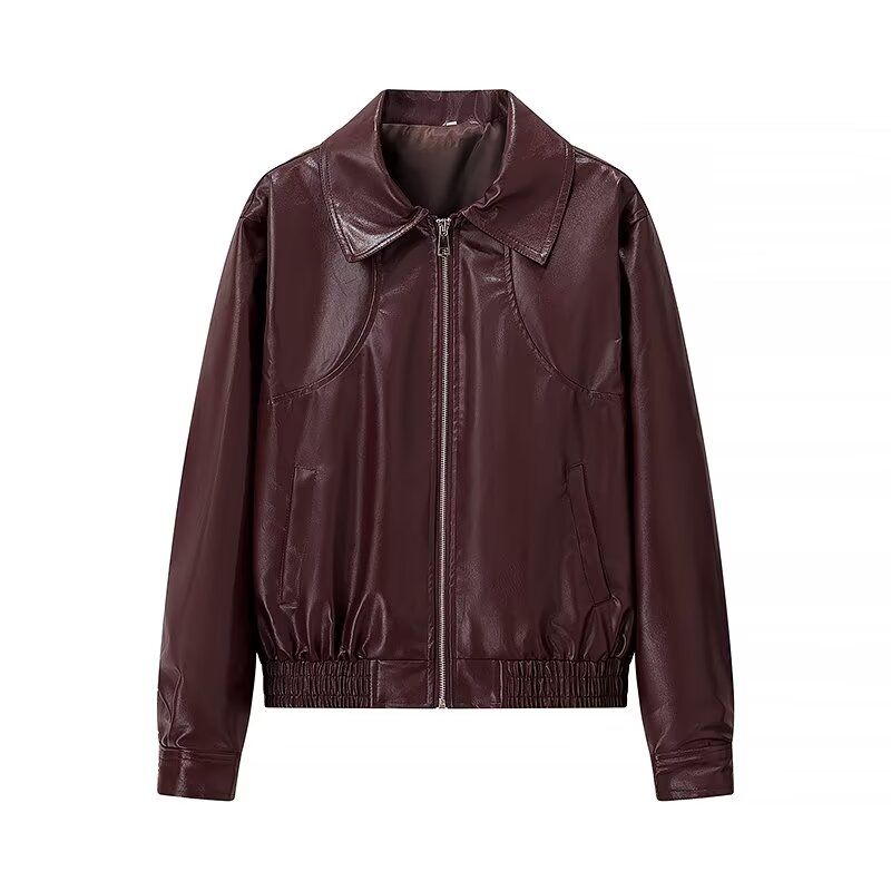 Mannie Style American Retro Minimalist Trendy Cool Lapel Zipper Wine Red Leather Coat Jacket Short Outwear Women