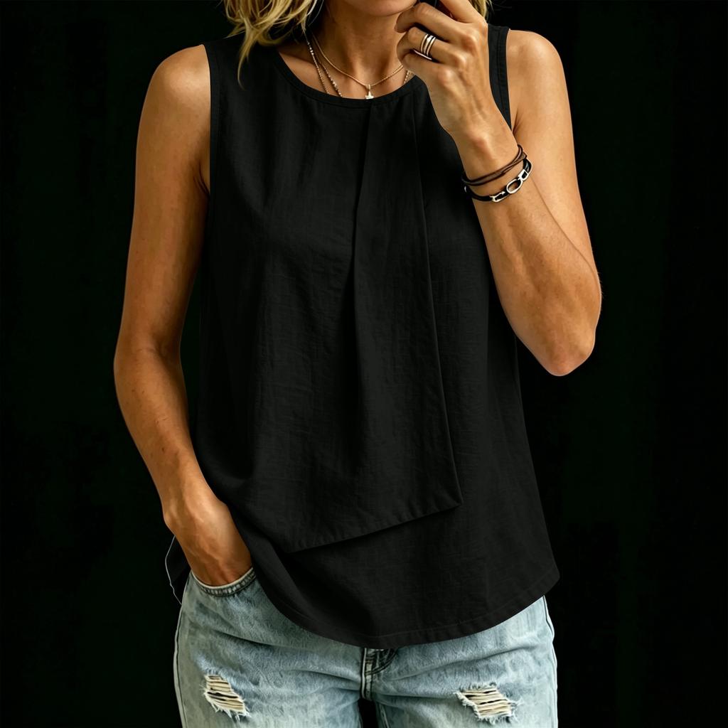 Women's Summer Sleeveless Top Round Neck Solid Color Casual Loose Fit Lightweight Blouse for Outdoor Indoor Wear
