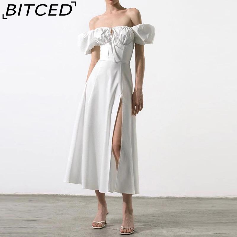 

BITCED Spring/Summer Long Dress Women s Commuter Puff Sleeve Tie-Waist Slit Dress S