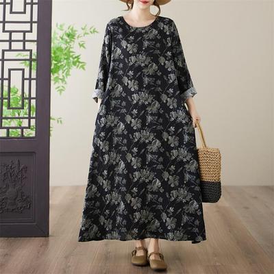 Langärmeliges Baumwoll-Vintage-Blumen-Übergrößen-Neuankömmling-Kleid für Damen, lässiges lockeres Frühlings-Herbst-Kleid