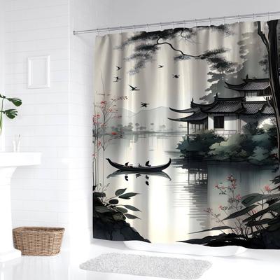 Chinese Landscape Print Waterproof Shower Curtain for Bathroom, Elegant Ink Painting Design High-End Toilet Partition Curtain