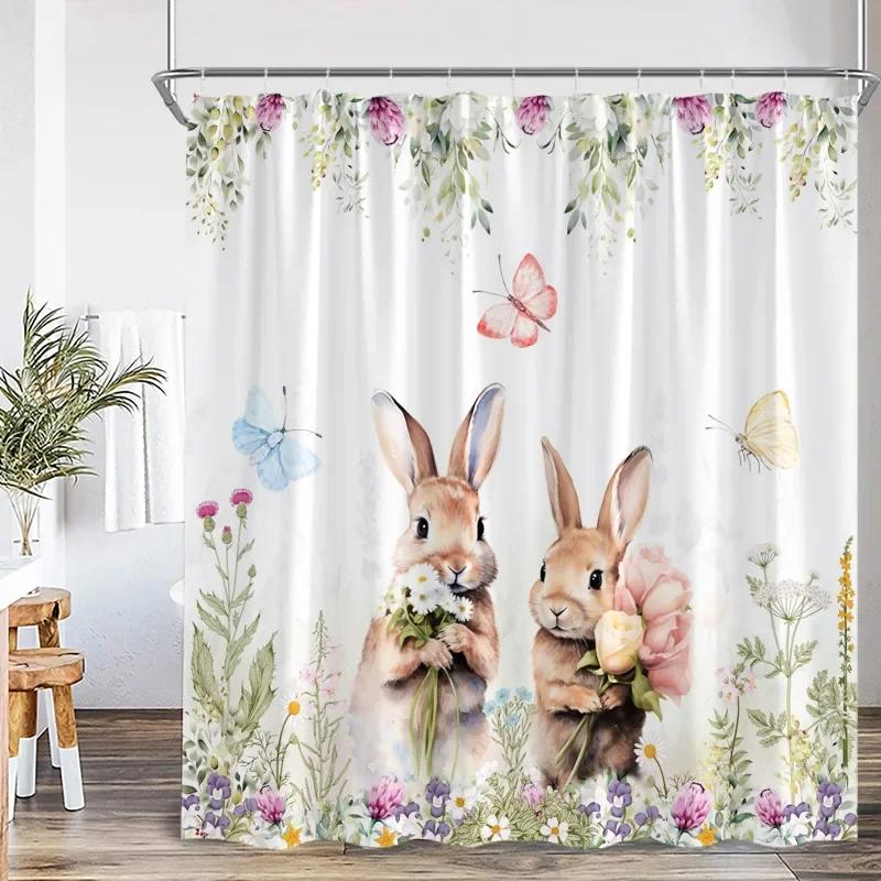 Funny Easter Shower Curtains Cute Bunny Pink Farm Truck Dogs Watercolour Floral Rabbit Eggs Bathroom Curtain Decor With Hooks