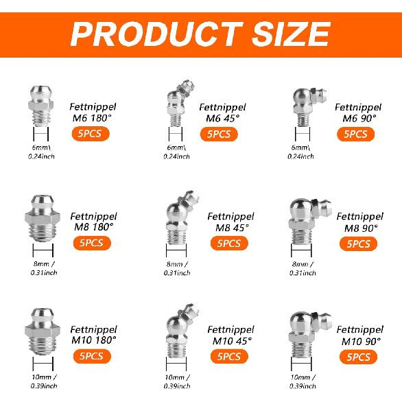 45pcs Metric Grease Fittings Kit,Hydraulic Grease Zerk Assortment Kit, 45 90 180 Degree Grease Gun Fittings, M6 M8 M10 Straight and Angled Grease
