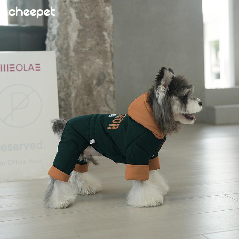 Dog Clothes Autumn and Winter Color Matching American Retro Hooded Jacket Teddy Schnauzer Warm Wind-resistant Four-legged Cotton Coat