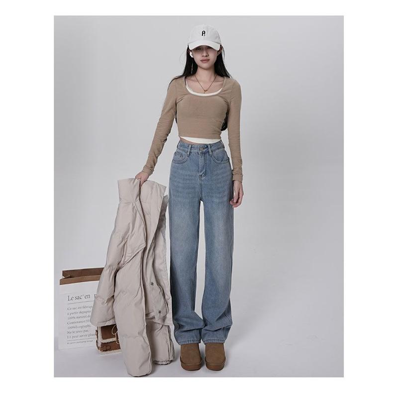Retro Narrow Wide-leg Jeans Women's Warm Thickened High-waisted Loose Pear-shaped Straight Tube Velvet Mopping Trousers Children