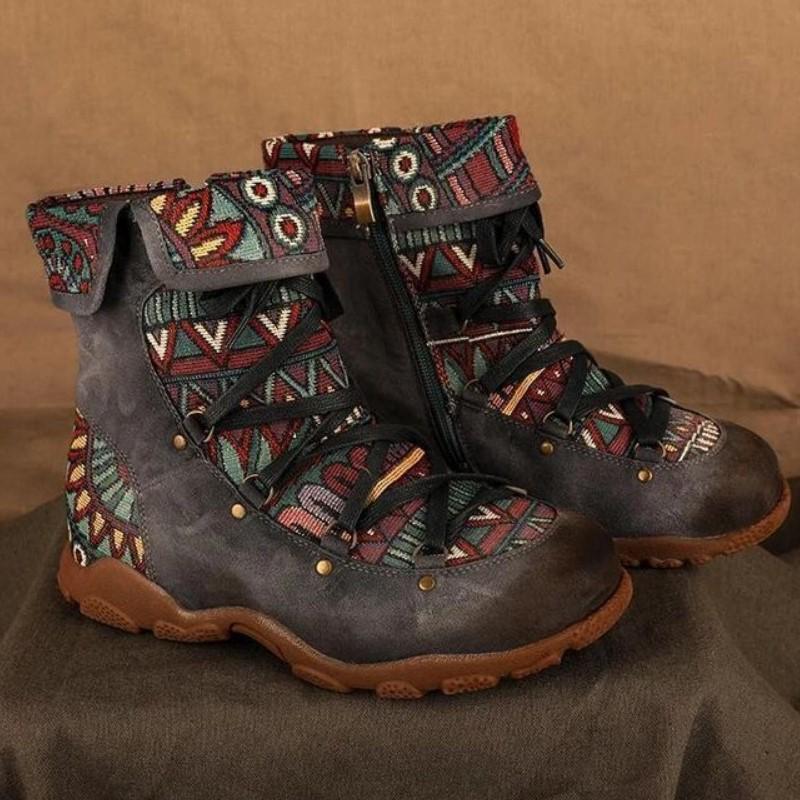 Outdoor casual jacquard women's shoes splicing short Martin boots ankle super comfortable flat women's boots