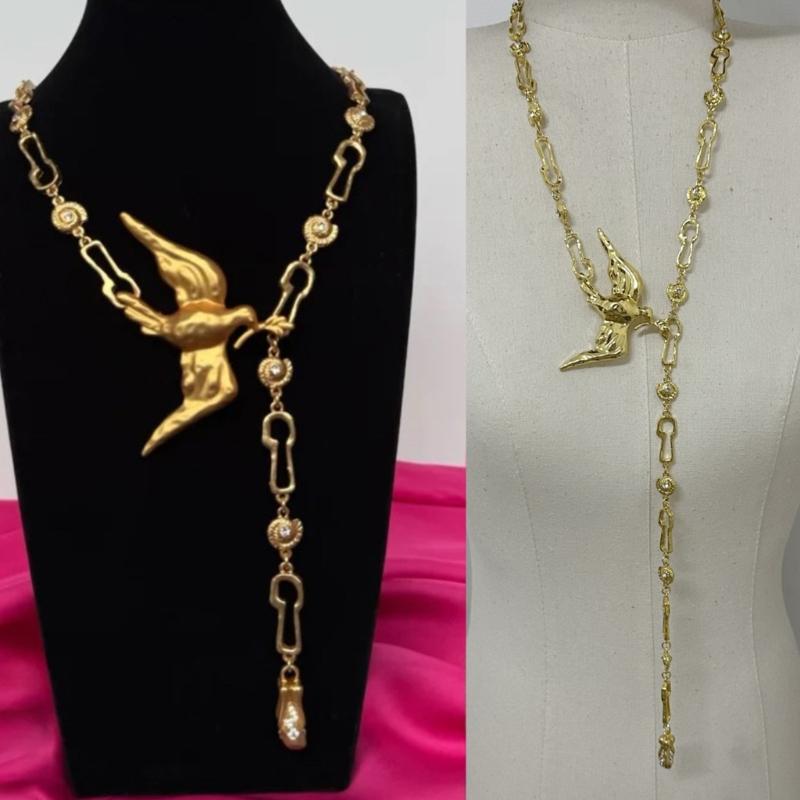 Elegant Gold Plated Peace Bird Charm Sweater Chain 80cm Length Retro Long Necklace Jewelry For Layering Outfits