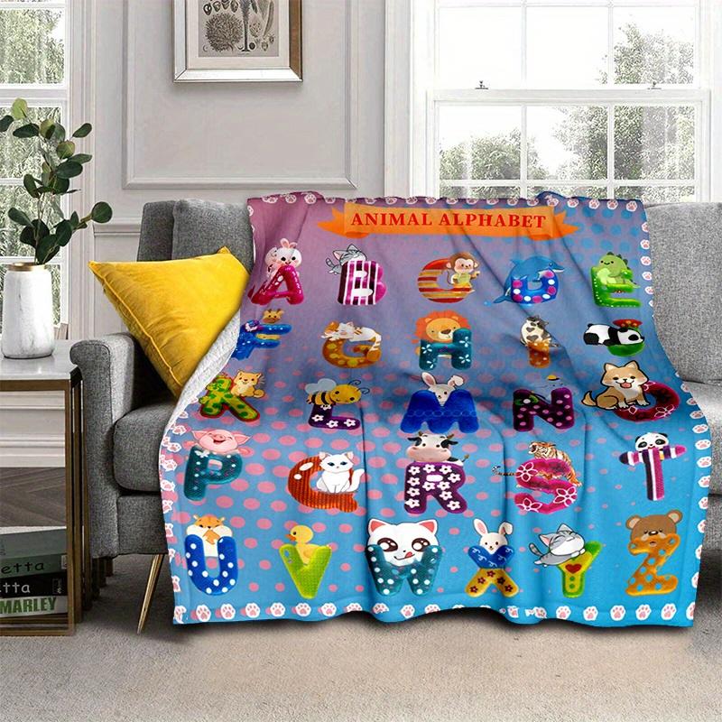 1pc Cozy Cute Little Animals Alphabet Print Blanket - Lightweight Flannel Throw For Sofa, Bed, Livingroom, Office, Couch, Travel