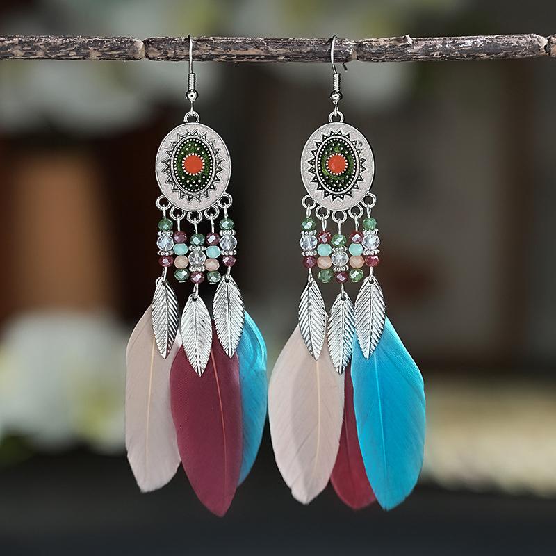 Boho Lange Feder Hängende Ohrringe für Damen Blatt Quaste Kristallperlen Handgefertigt Runde Blume Emaille Hochzeit Braut Schmuck Geschenk