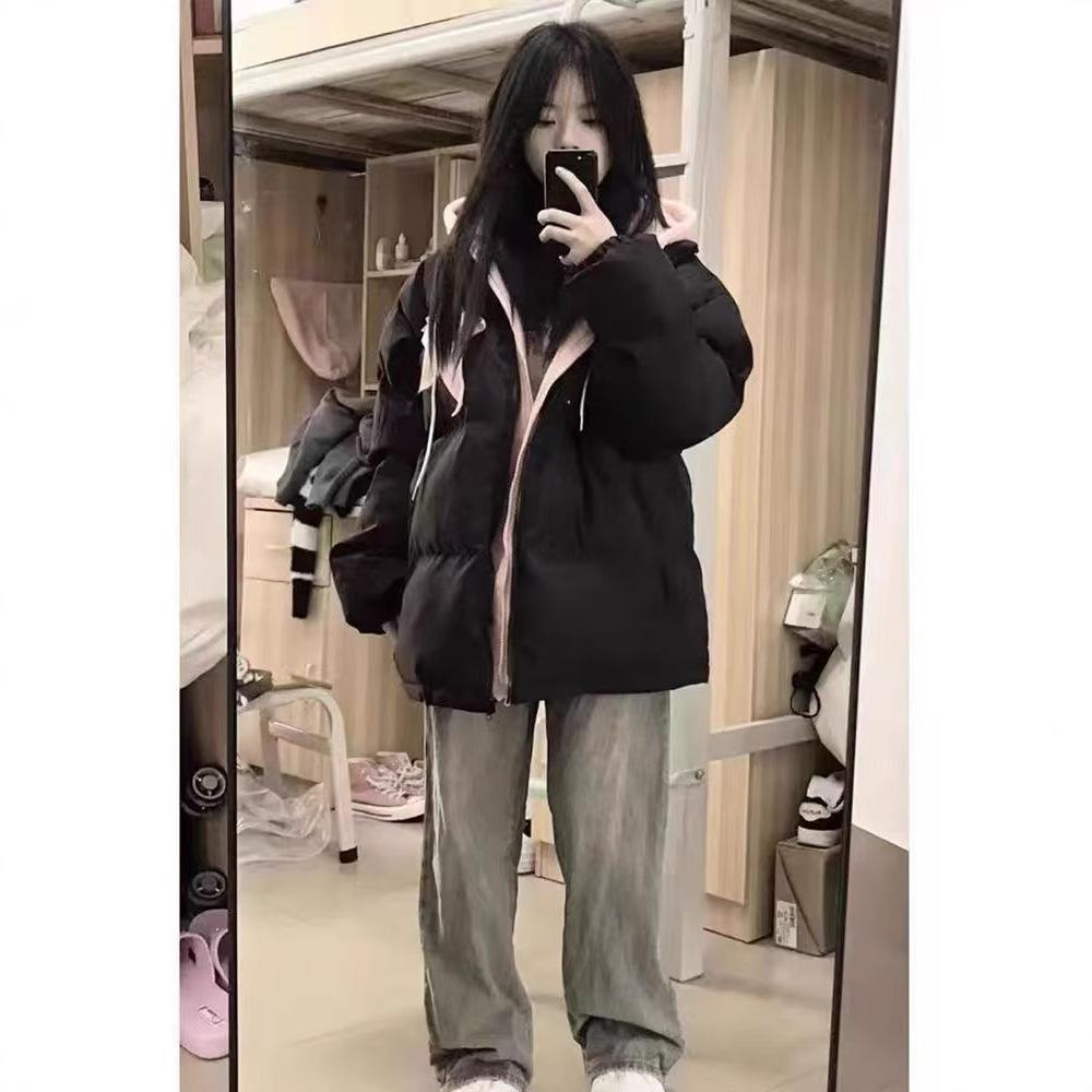 Winter Thickened Cotton Jacket for Women American Retro Fake Two-piece Hooded Design Cotton Jacket Loose Cotton Jacket