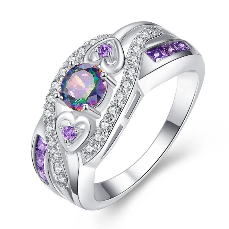 Heart-Shaped Amethyst Ring, Colorful Zircon Platinum-Plated Silver Ring And Bracelet.