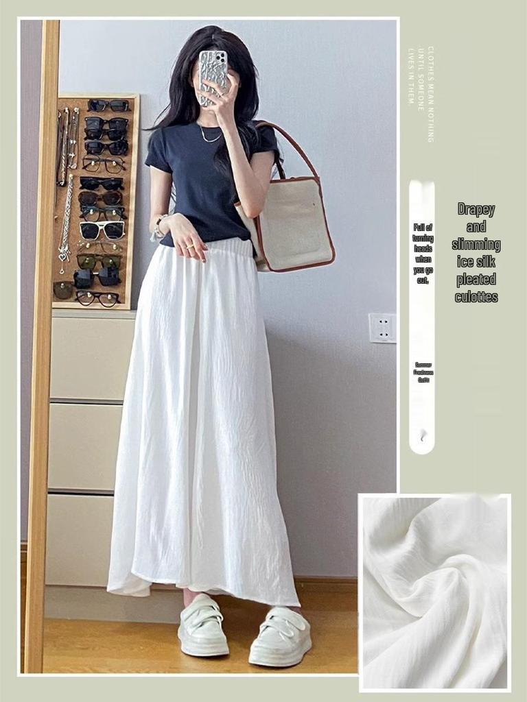 Yamamoto Style Ice Silk High-Waist Wide-Leg Skirt Pants for Women – Slimming, Drape Design, Summer Casual Pear Shape Fit