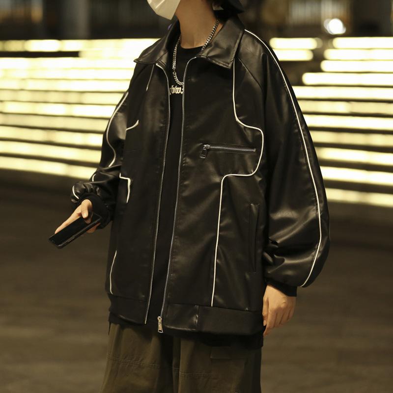 Spring and Autumn Outline Motorcycle Pu Leather Jacket American Retro Loose Jacket Trendy Ins Couple Baseball Uniform for Men