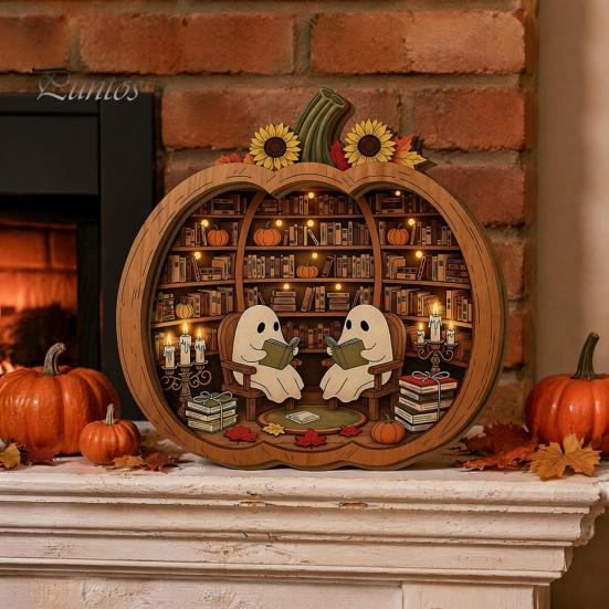 Fall Harvest Home Decoration Halloween Ghost Wooden Tabletop Ornament, 2D Flat Cute Reading Bathing Thanksgiving Table Centerpiece Watering