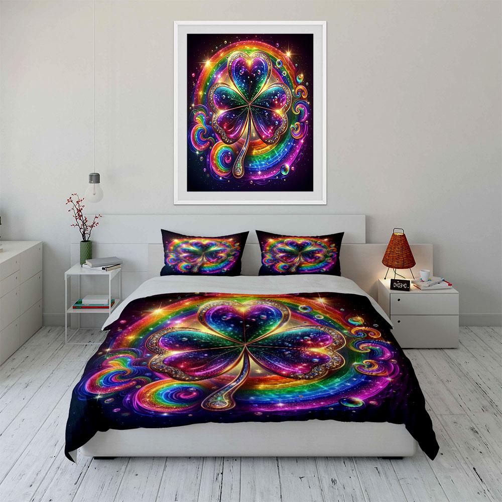 Glittering Rainbow Clover Design Bedding Duvet Cover Set (1*Duvet Cover 2*Pillowcases, Without Duvet Insert)