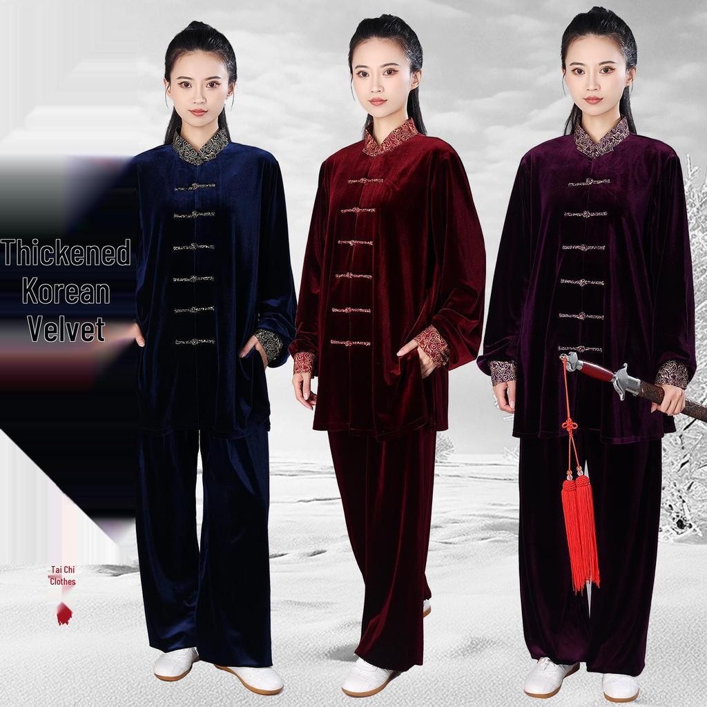 Abbigliamento di alta gamma coreano in velluto per la pratica del Tai Chi da donna con colletto a nuvola propiziatoria - Uniforme per arti marziali per performance autunnali/invernali