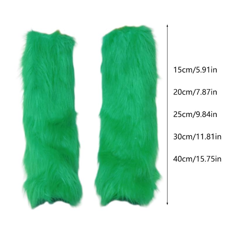 Women Girls Japanese Style Solid Green Plush Leg Warmer Aesthetic Punk Fuzzy Thickened Boot Cuffs Leg Cover Long Sock