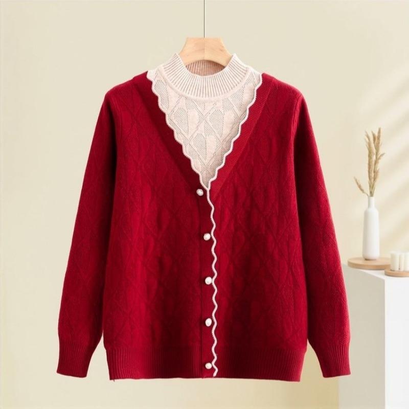 Chinese women's clothing new fake two-piece sweater top short knitted sweater mother autumn clothing middle-aged and elderly bottoming shirt