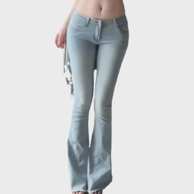 Women's Retro Blue Flared Jeans - Low Waist, Slimming, Versatile, Raw Edges, Small Size, Perfect for Spring and Autumn