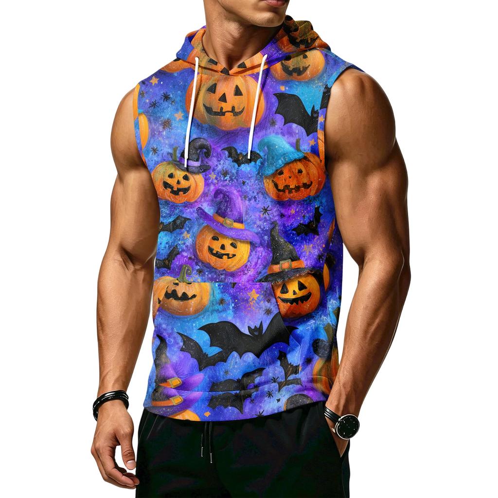 Men's Print Sleeveless Hoodie with Pockets and Drawstring - Casual Tank Top Vest for Outdoor Sports