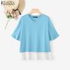 ZANZEA Women Summer Round Neck Casual Short Sleeve Patchwork T-Shirts