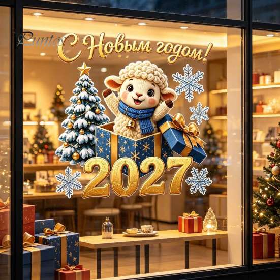 Non Adhesive Window Clings Russian New Year Sheep Cling 2027, Removable PVC Static Sticker with Easy To Clean Glass Appliques Tree and Snowflake
