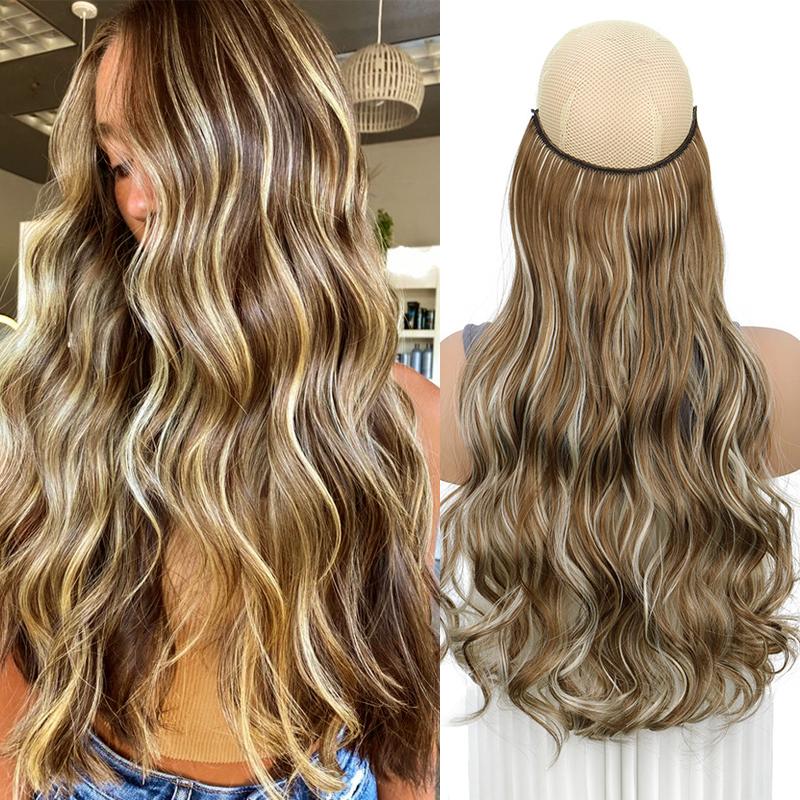 Invisible Wire Hair Extensions 22 Inch Halo Hair Extension Long Wavy Synthetic Hairpiece with Transparent Wire Adjustable Size Clips for Women