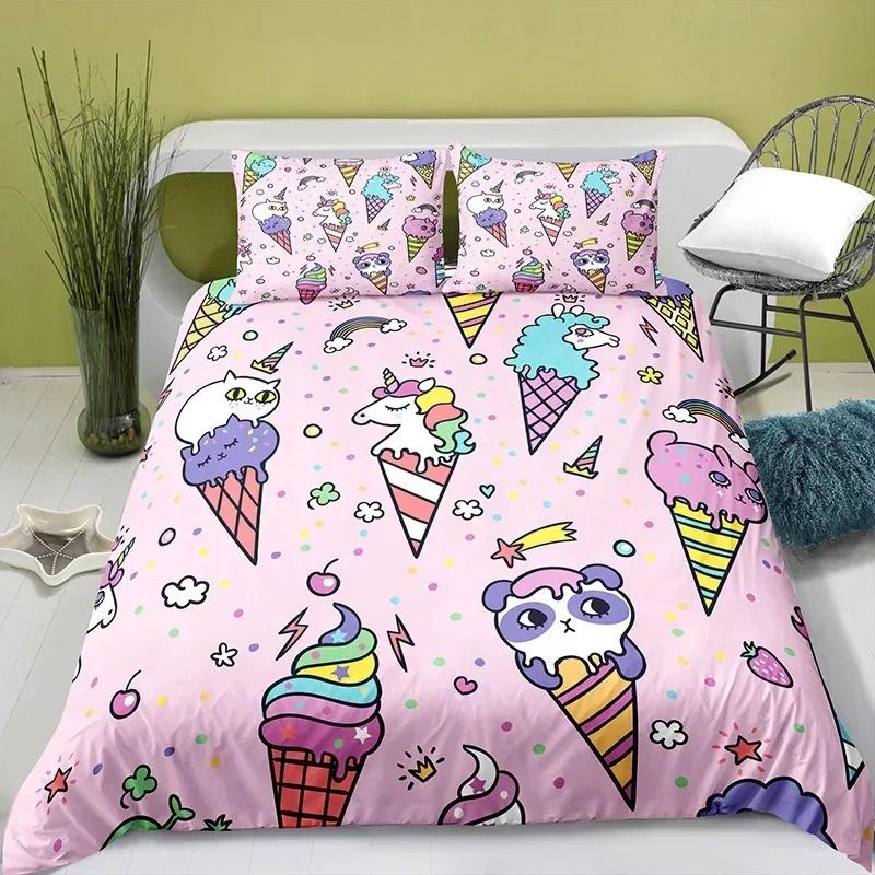 Lovely Cartoon Food King Queen Duvet Cover Pearl Milk Tea Bedding Set Kids Teens Adults Dessert Fries Cola Polyester Quilt Cover
