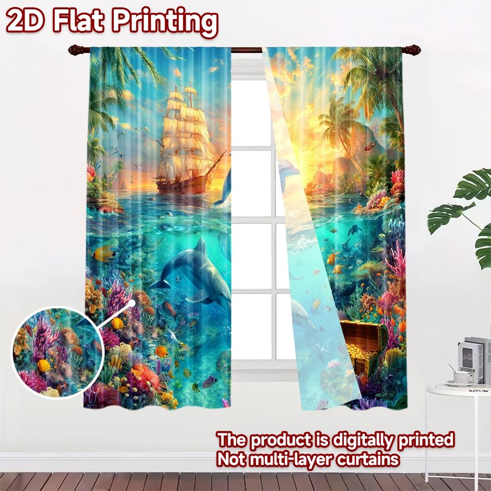 2D Flat Printing 2pcs Curtain Dolphins Jumping Ship Coral Digital Printed Polyester Drapes Party Decorations Use for Holiday