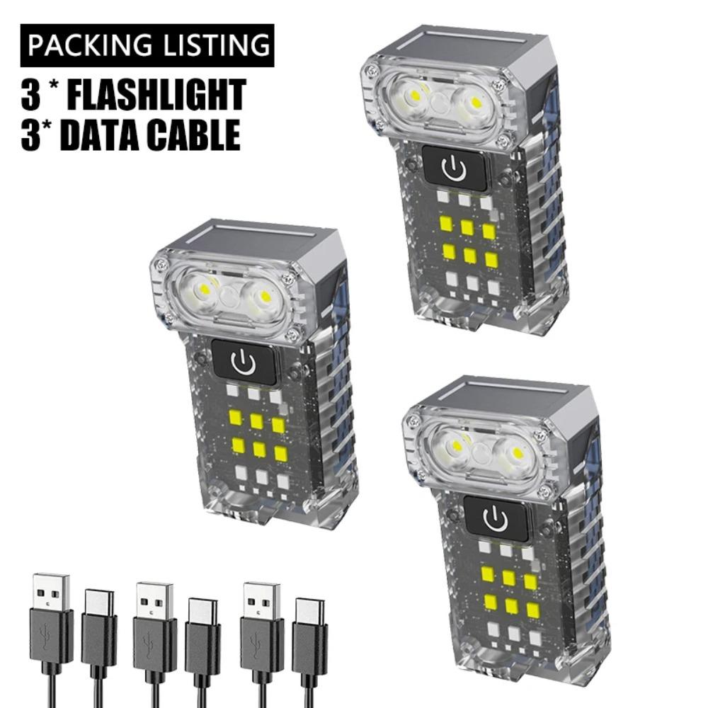 3pcs LED Rotatable Mini Keychain Flashlight USB Charging Hat Clip Light 6000LM Pocket Emergency Lantern for Camping Fishing Walking